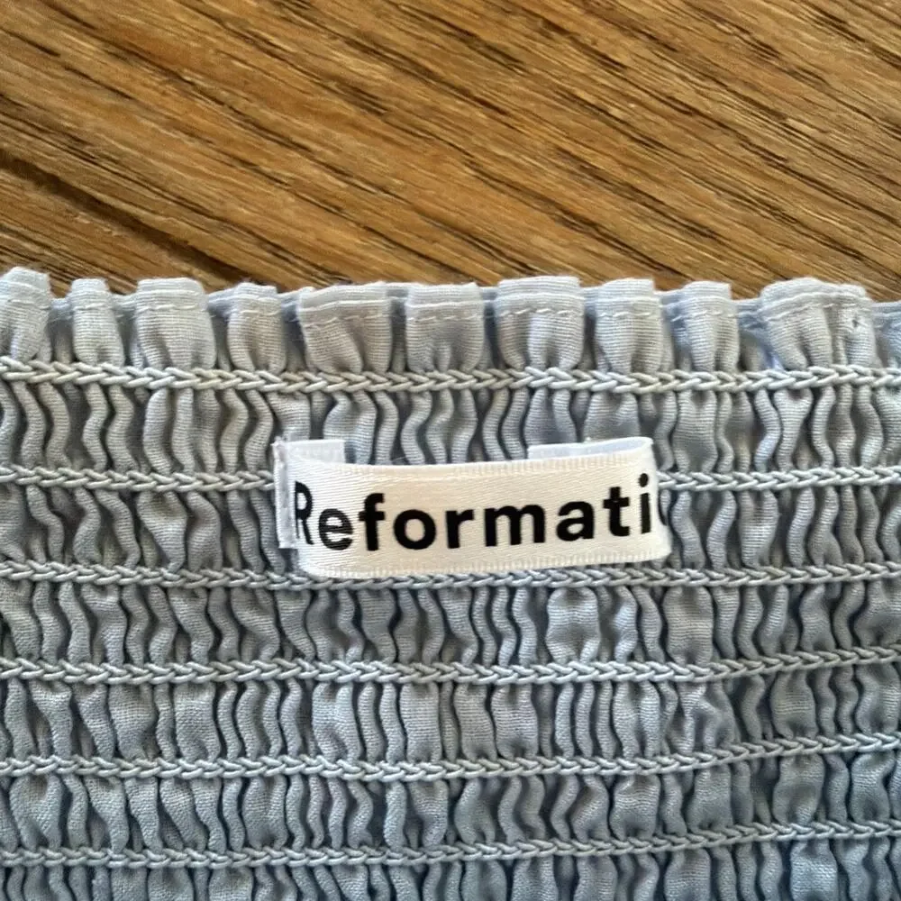 Reformation‎ Roland XS blue Mineral Square Neck Smocked Ruffle Peasant Blouse